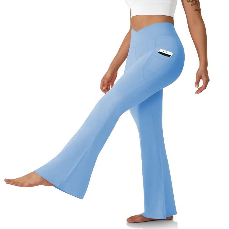 DLOODA Women's Flare Leggings with Pockets-Crossover High Waisted Bootcut Yoga Pants-Tummy Control Bell Bottom Leggings Blue