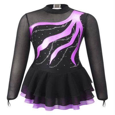 VernLan Girls Kids Shiny Mesh Spliced Long Sleeve Figure Ice Skating Dress Gym Leotard Ballet Tutu Skirt Dancewear Purple 14 Years