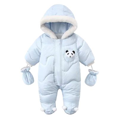 Infant Boys Girls Winter Thicken Coat Hooded Jacket Snowsuit With Gloves Toddler Windproof (Light Blue, 9-12 Months)