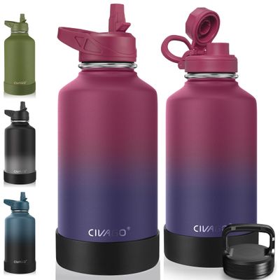 CIVAGO 64 oz Insulated Water Bottle With Straw, Half Gallon Stainless Steel Sports Water Flask Jug with 3 Lids (Straw, Spout and Handle Lid), Large Metal Thermal Cup Mug, Dark Rainbow