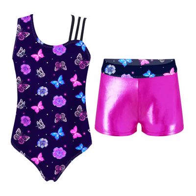 TSSOE Girls Leopard Print Leotard with Shiny Boyshort Set Gymnastics Dance Outfits Work Out Tracksuit Colorful Butterfly Navy 6 Years