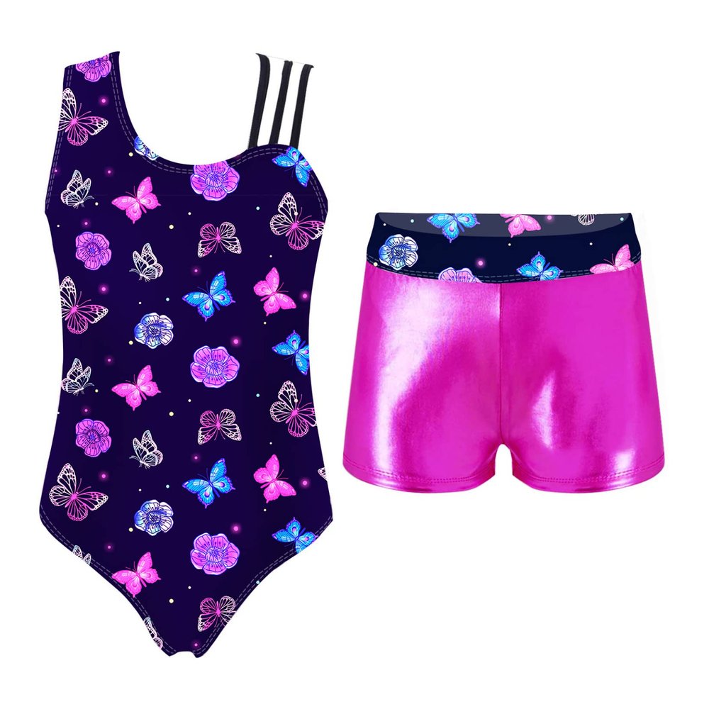 TSSOE Girls Leopard Print Leotard with Shiny Boyshort Set Gymnastics Dance Outfits Work Out Tracksuit Colorful Butterfly Navy 6 Years