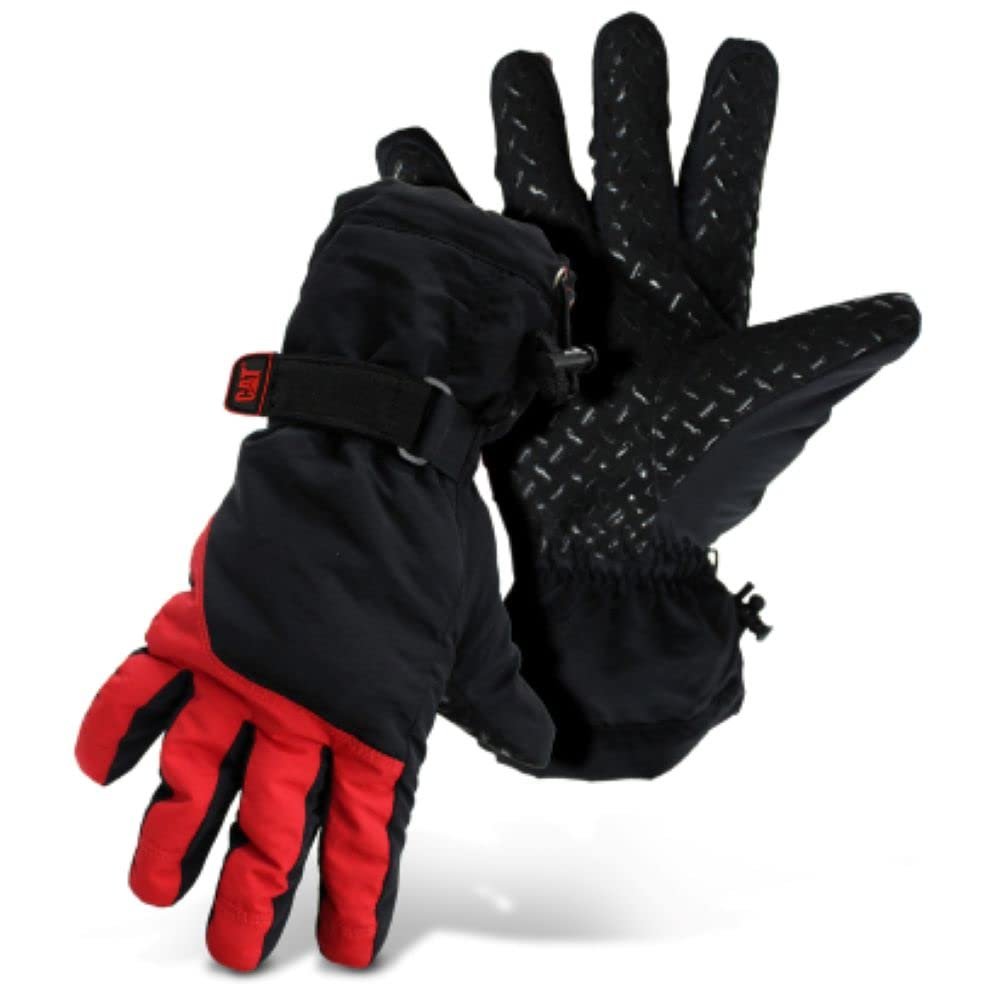 CAT Men's Water Resistant Nylon Insulated Winter Glove, Silicone Patterned Palm, Adjustable Wrist Strap, ANSI 2 Cut Rating, Black, Red, Large (CAT016203L)