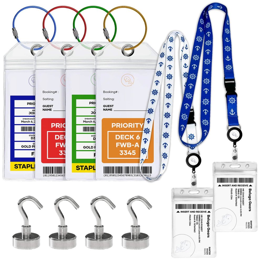 Cruise Essentials 2026 - Luggage Tags 4 with Zip Seal and Steel Loops + 2 Cruise Lanyard Detachable ID Holder Badge + 4 Cruise Cabin Magnetic Hooks (27lbs) - fits All Cruise line (Big tag Set)