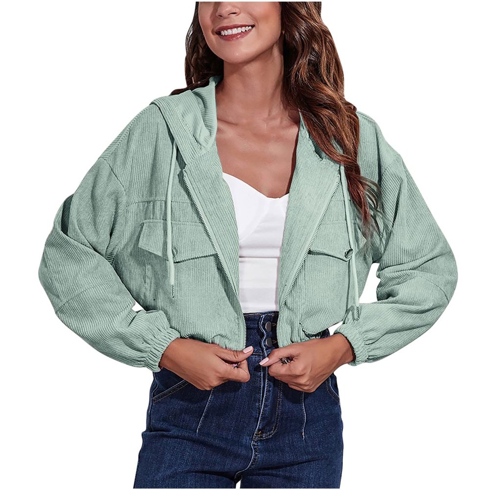 tuduoms Women's Zip Up Cropped Hoodies Long Sleeves Sweatshirts Trendy Corduroy Jackets Cute Workout Crop Tops for Teen Girls