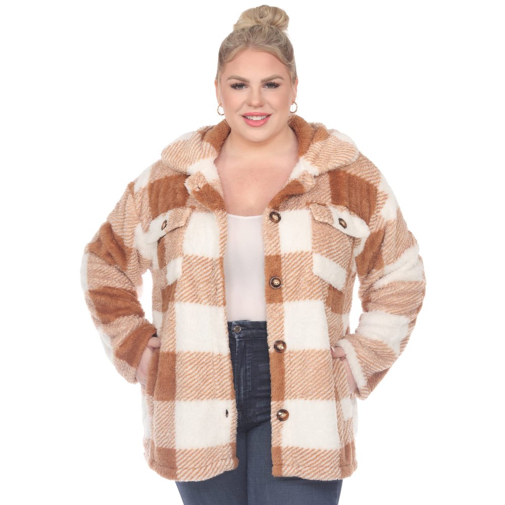 white mark Women's Plus Size Plaid Shacket with Front Pockets and Button Closure