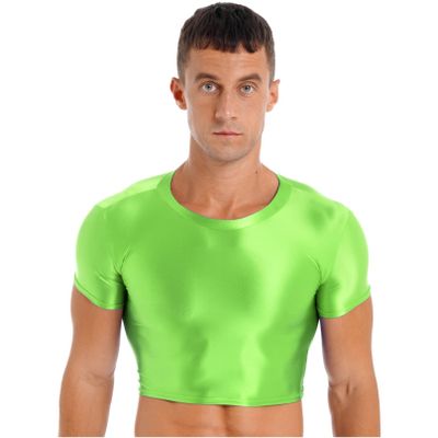 Agoky Mens Fashion Tank Tops Shiny U Neck Crop Tops See Through Streetwear Party Nightclub Vests Fluorescent Green X-Large