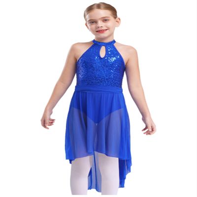 FEESHOW Girls Shiny Ballet Lyrical Dance Irregular Chiffon Dress Ballerina Leotards Dancing Costumes Royal Blue A 16 Years