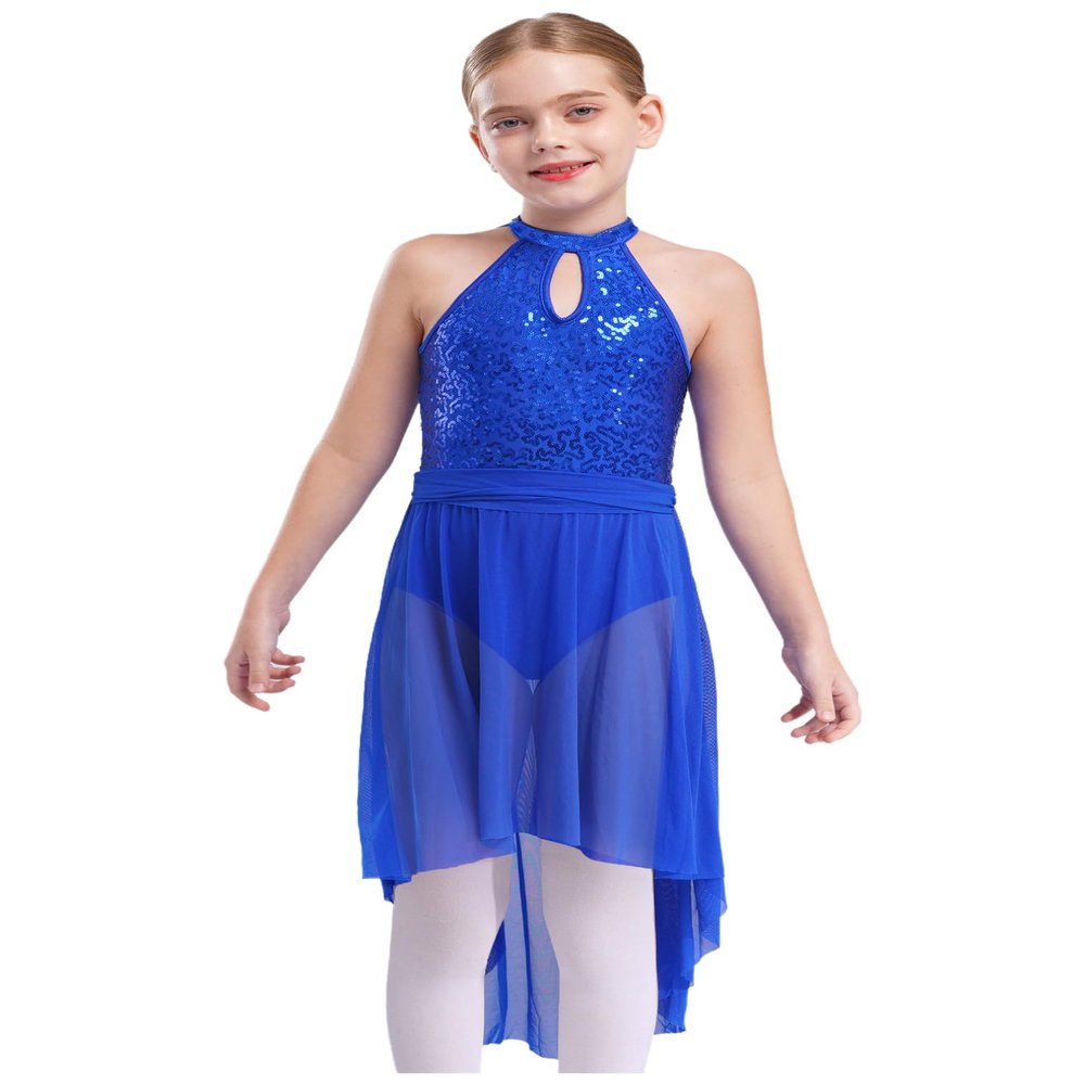 FEESHOW Girls Shiny Ballet Lyrical Dance Irregular Chiffon Dress Ballerina Leotards Dancing Costumes Royal Blue A 16 Years