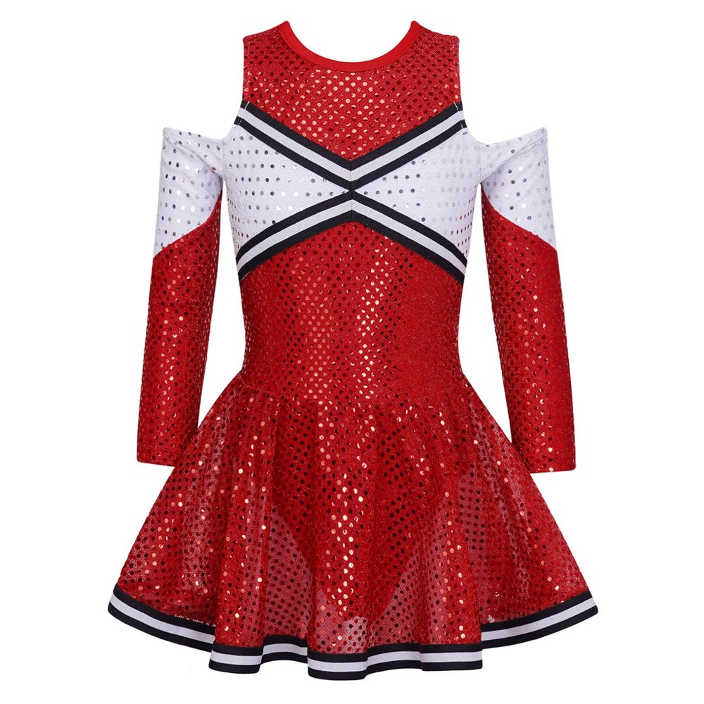 FEESHOW High School Cheer Leader Long Sleeve Shiny Dress Girls Cheerleading Halloween Carnival Party Costumes Red 14 Years