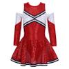 FEESHOW High School Cheer Leader Long Sleeve Shiny Dress Girls Cheerleading Halloween Carnival Party Costumes Red 14 Years view 1