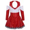 FEESHOW High School Cheer Leader Long Sleeve Shiny Dress Girls Cheerleading Halloween Carnival Party Costumes Red 14 Years view 2