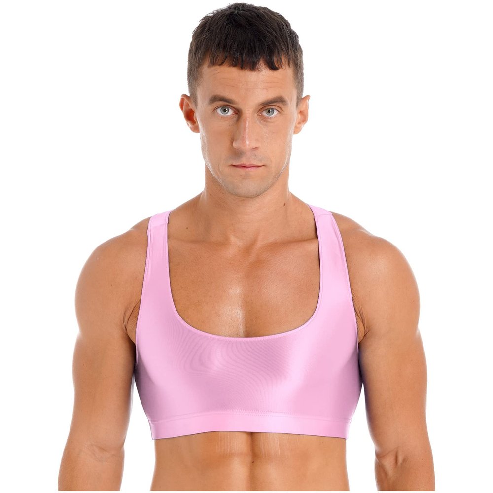 Agoky Mens Fashion Tank Tops Shiny U Neck Crop Tops See Through Streetwear Party Nightclub Vests 2#Pink Large