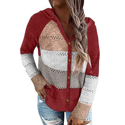 Womens Button Up Color Block Hoodie Sweaters Fashion Casual V Neck Long Sleeve Drawstring Sweatshirts Hollow Knit Tops Wine