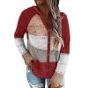 Womens Button Up Color Block Hoodie Sweaters Fashion Casual V Neck Long Sleeve Drawstring Sweatshirts Hollow Knit Tops Wine view 1