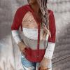 Womens Button Up Color Block Hoodie Sweaters Fashion Casual V Neck Long Sleeve Drawstring Sweatshirts Hollow Knit Tops Wine view 2