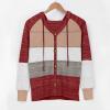 Womens Button Up Color Block Hoodie Sweaters Fashion Casual V Neck Long Sleeve Drawstring Sweatshirts Hollow Knit Tops Wine view 3