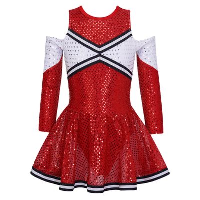 FEESHOW High School Cheer Leader Long Sleeve Shiny Dress Girls Cheerleading Halloween Carnival Party Costumes Red 16 Years