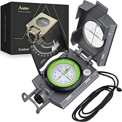Anbte Compass Hiking Survival, IP65 Waterproof Metal Compass with Sighting Clinometer and Carry Bag, Multifunctional, Professional, for Camping Hunting Hiking Navigation Outdoor, Grey