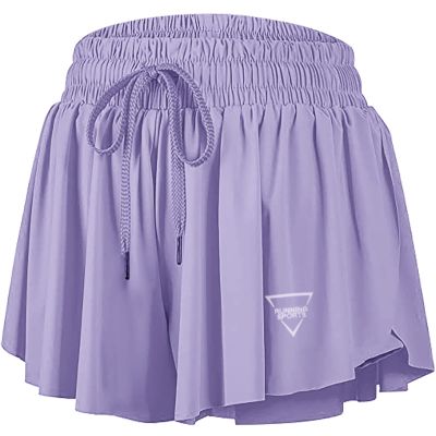 QooNoo 2 in 1 Athletic Shorts for Women Flowy Running Butterfly Shorts with Pockets High Elastic Gym Shorts Workout Tennis Skorts (Lavender,Medium)