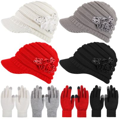 4 Sets Womens Winter Hats with Visor Winter Gloves Warm Beanie Hats with Brim Sequined Flower Touchscreen Gloves(Classic Color)