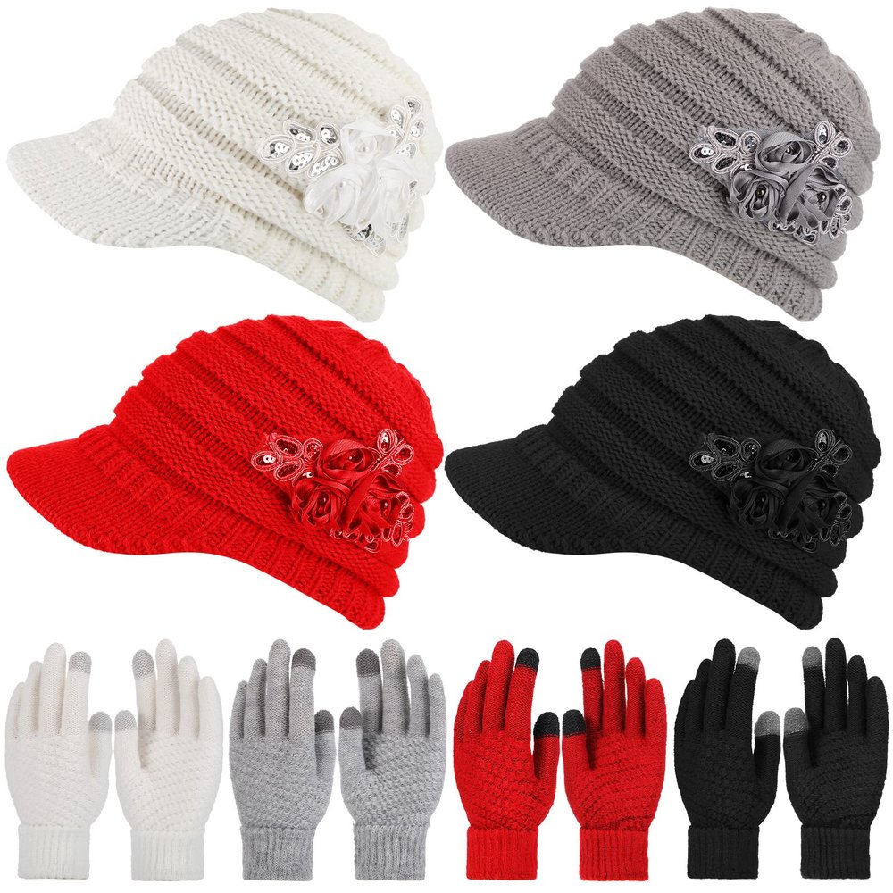 4 Sets Womens Winter Hats with Visor Winter Gloves Warm Beanie Hats with Brim Sequined Flower Touchscreen Gloves(Classic Color)
