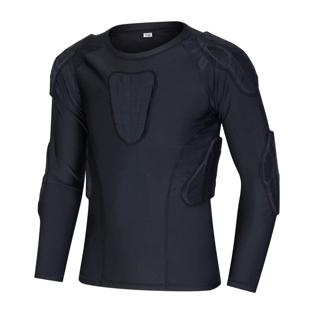 Hotfiary Kids Youth Padded Protective Shirts Shorts for Football Paintball Baseball Long Sleeve Rib Heart Guard Sternum Protection (Padded Long Sleeve Shirt, 10-12 Years)