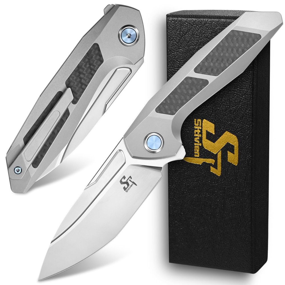 Sitivien ST996 Folding Knife,Handmade M390 Pearlescent Polishing Blade,Titanium & Carbon Fiber Handle Pocket Knife for Outdoor Camping,Hiking,Hunting(Gray)