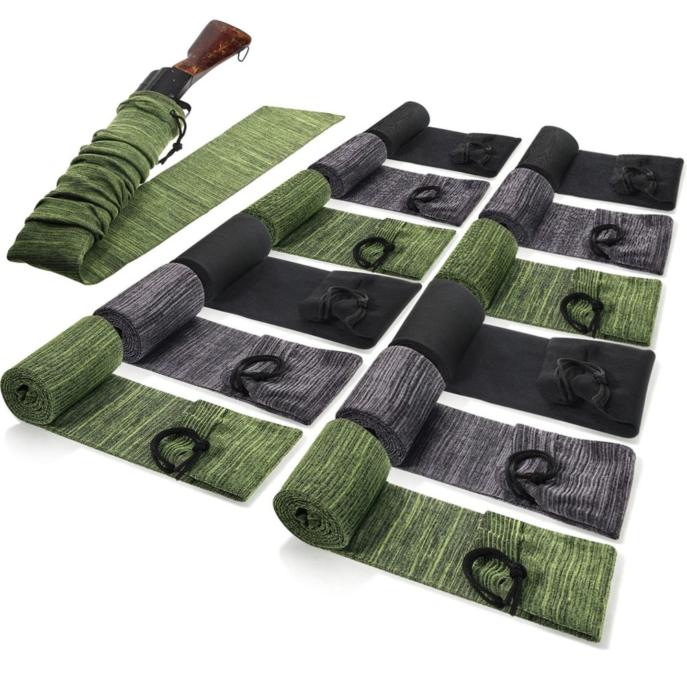 Sratte 12 Pcs 54 Inch Gun Socks Silicone Anti Rust Thick Gun Sleeve Waterproof with Drawstring Closure Bulk Pack for Tactical Hunting(Green, Black, Dark Gray)