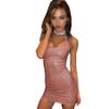 AIBEARTY Women PU Leather Bodycon Dress Sexy Sleeveless Low Cut Back Zipper Elastic Mini Dress Party Club Dresses Khaki view 1