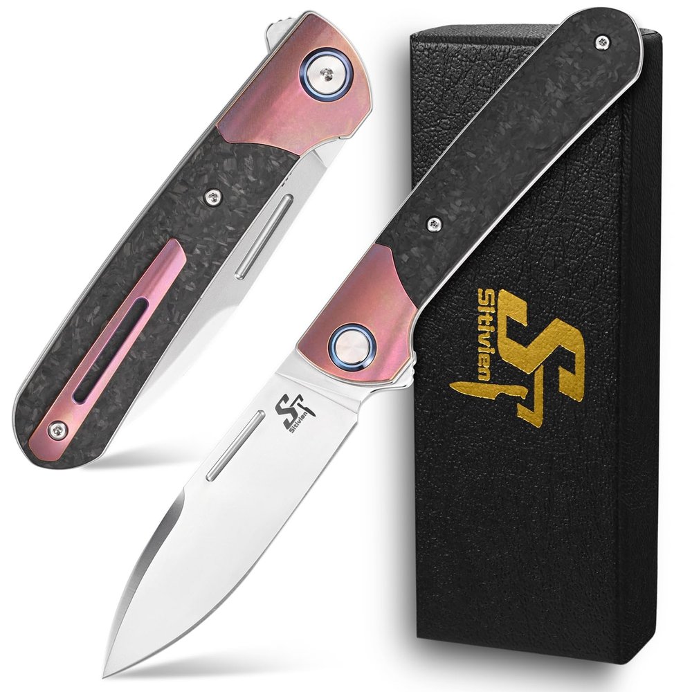 Sitivien ST995 Folding Pocket Knife,Handmade M390 Pearlescent Polishing Blade,Titanium & Carbon Fiber Handle EDC Tool Knife for Outdoor Camping,Hiking,Hunting,Survival(Pink)  