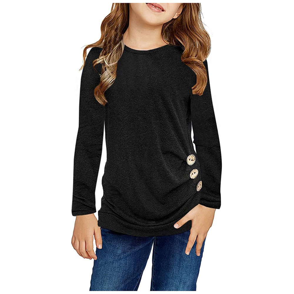 Little Girls Casual Long Sleeve T Shirts Crewneck Tunic Tops 4-13Y Kids Button Striped Tee Blouses (Black-D, 4-5 Years)