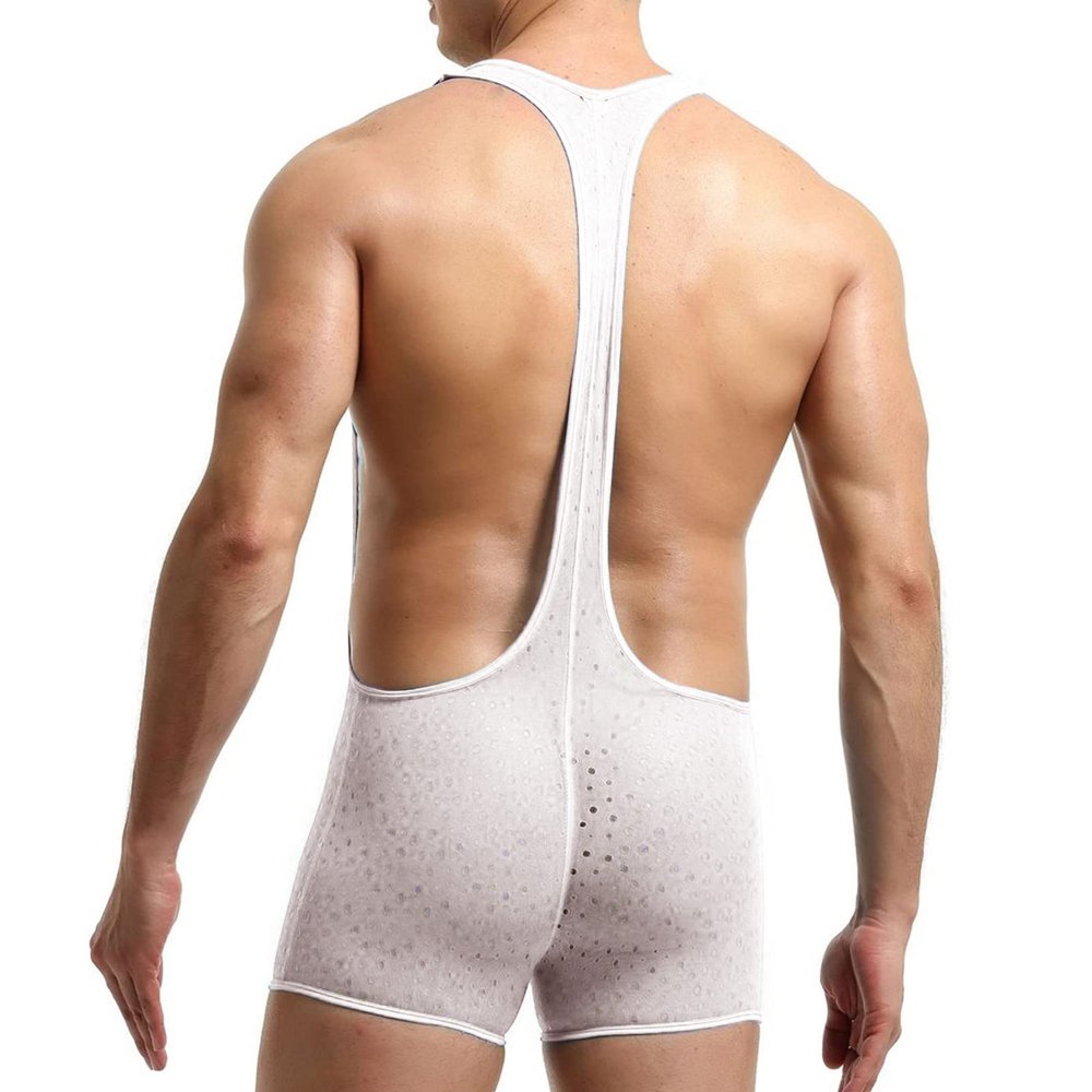 Men's Mesh Breathable Wrestling Singlet Bodysuit Sheer Mankini Jumpsuit Jockstrap One Piece Suspenders Underwear (White,Medium)