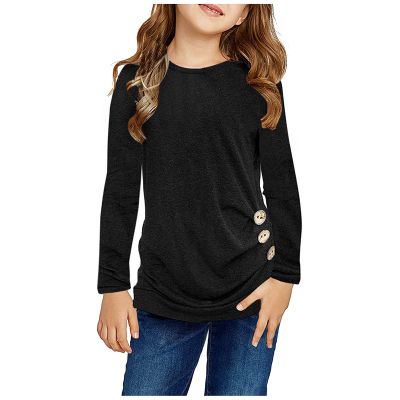 Little Girls Casual Long Sleeve T Shirts Crewneck Tunic Tops 4-13Y Kids Button Striped Tee Blouses (Black-D, 6-7 Years)