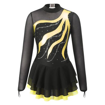 Agoky Girls Shiny Roller Figure Ice Skating Dress Long Sleeve Mesh Splice Gymnastic Outfit Illusion Ballet Dancewear Yellow 16 Years