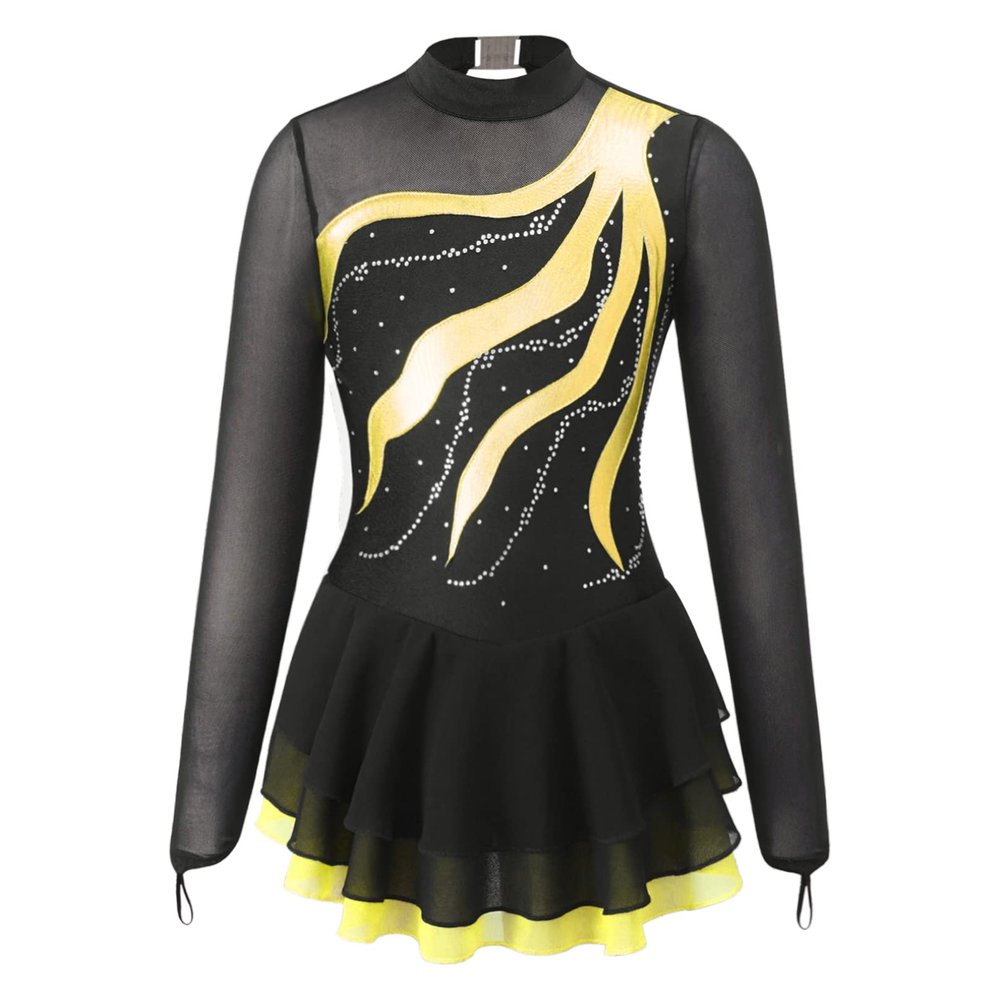 Agoky Girls Shiny Roller Figure Ice Skating Dress Long Sleeve Mesh Splice Gymnastic Outfit Illusion Ballet Dancewear Yellow 16 Years