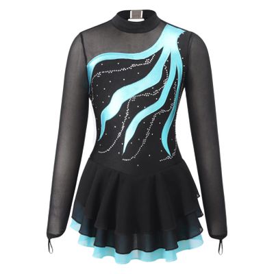 Agoky Girls Shiny Roller Figure Ice Skating Dress Long Sleeve Mesh Splice Gymnastic Outfit Illusion Ballet Dancewear Lake Green 6 Years