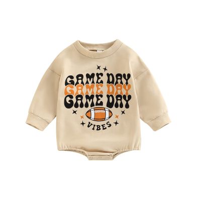Baby Girl Boy Crewneck Sweatshirt Romper Funny Football Onesie Shirt Cute Letter Print Bubble Bodysuit Game Day Outfits (Khaki,6-12 Months)
