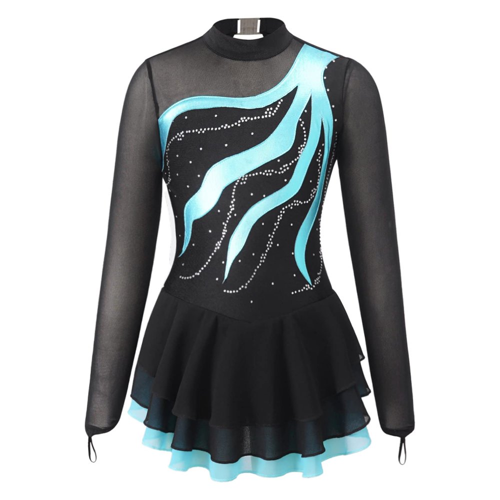 Agoky Girls Shiny Roller Figure Ice Skating Dress Long Sleeve Mesh Splice Gymnastic Outfit Illusion Ballet Dancewear Lake Green 16 Years