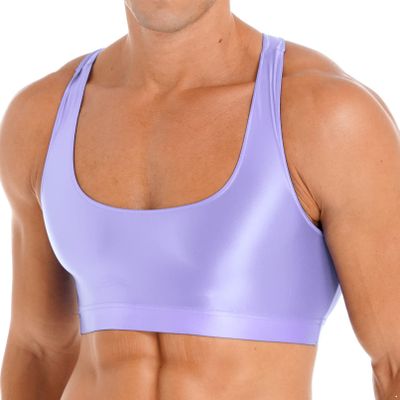 YONGHS Mens Sexy Crisscross Back Sleeveless Muscle Half Tank Top Vest T-Shirts Sports Bras Crop Tops 2# Light Purple X-Large