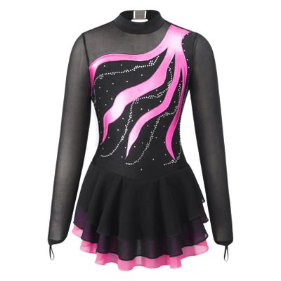 Agoky Girls Shiny Roller Figure Ice Skating Dress Long Sleeve Mesh Splice Gymnastic Outfit Illusion Ballet Dancewear Hot Pink 12 Years