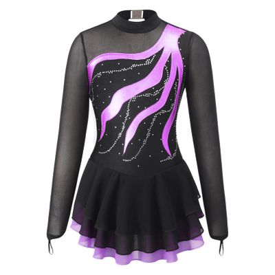 Agoky Girls Shiny Roller Figure Ice Skating Dress Long Sleeve Mesh Splice Gymnastic Outfit Illusion Ballet Dancewear Purple 16 Years