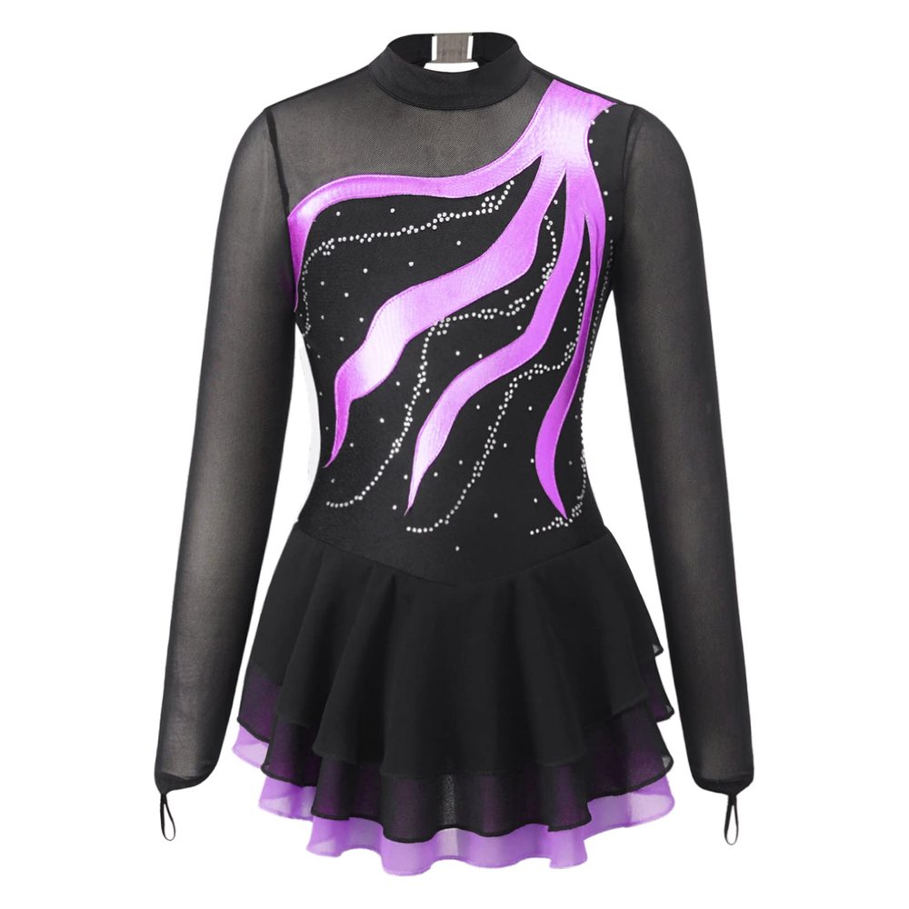 Agoky Girls Shiny Roller Figure Ice Skating Dress Long Sleeve Mesh Splice Gymnastic Outfit Illusion Ballet Dancewear Purple 16 Years