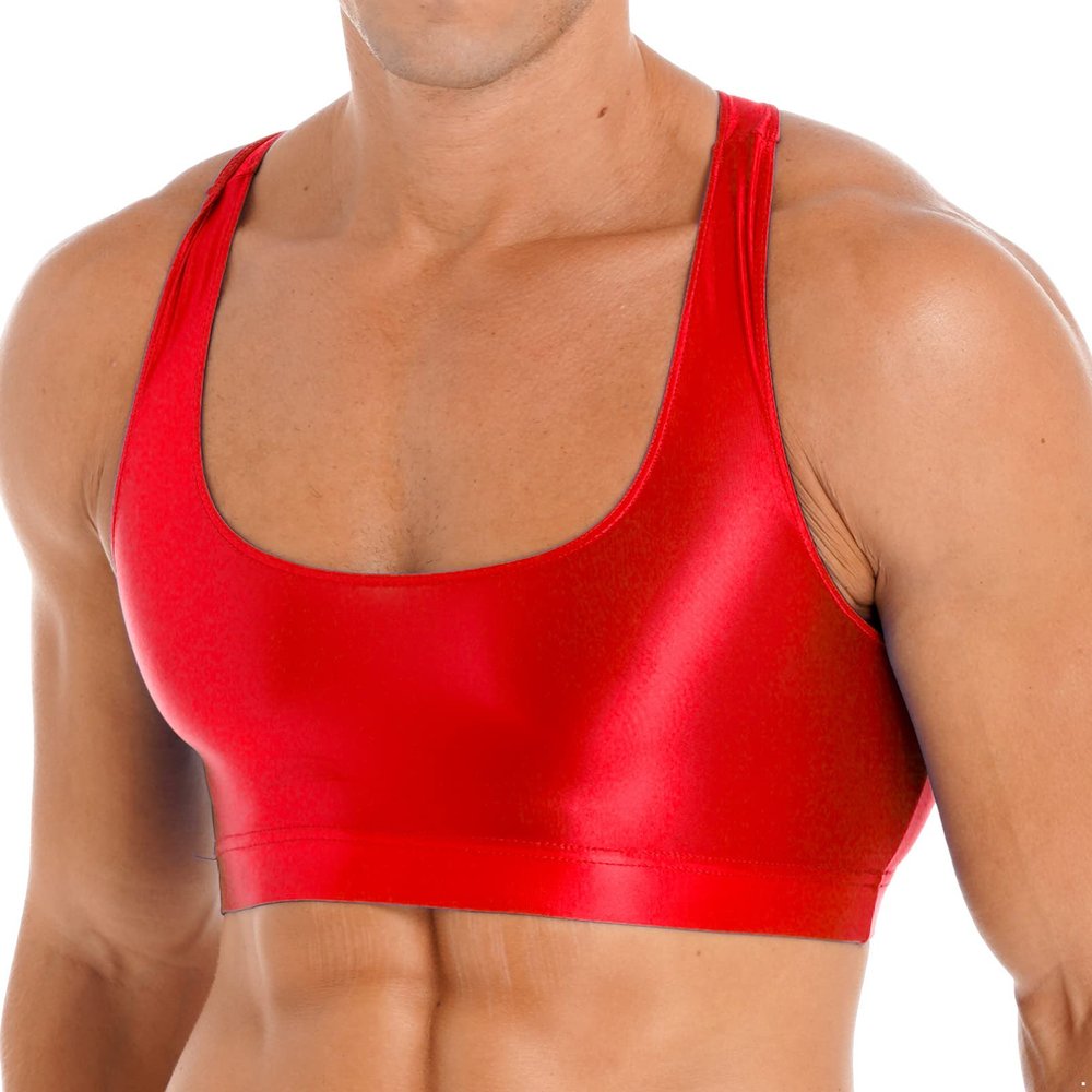 YONGHS Mens Sexy Crisscross Back Sleeveless Muscle Half Tank Top Vest T-Shirts Sports Bras Crop Tops 2# Red Large