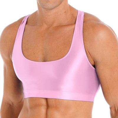 YONGHS Mens Sexy Crisscross Back Sleeveless Muscle Half Tank Top Vest T-Shirts Sports Bras Crop Tops 2# Pink Large