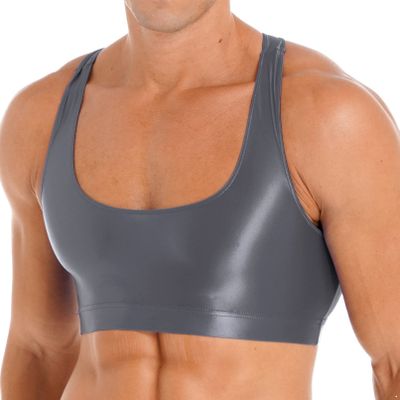 YONGHS Mens Sexy Crisscross Back Sleeveless Muscle Half Tank Top Vest T-Shirts Sports Bras Crop Tops 2# Grey X-Large