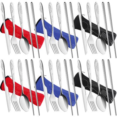 6 Pack Reusable Flatware Sets Spoon,Fork,Knife,Chopsticks,24Pcs Portable Silverware Camping Cutlery Set,Stainless Steel Tableware Travel Utensils with Carrying Case for Camping Picnic Working Hiking