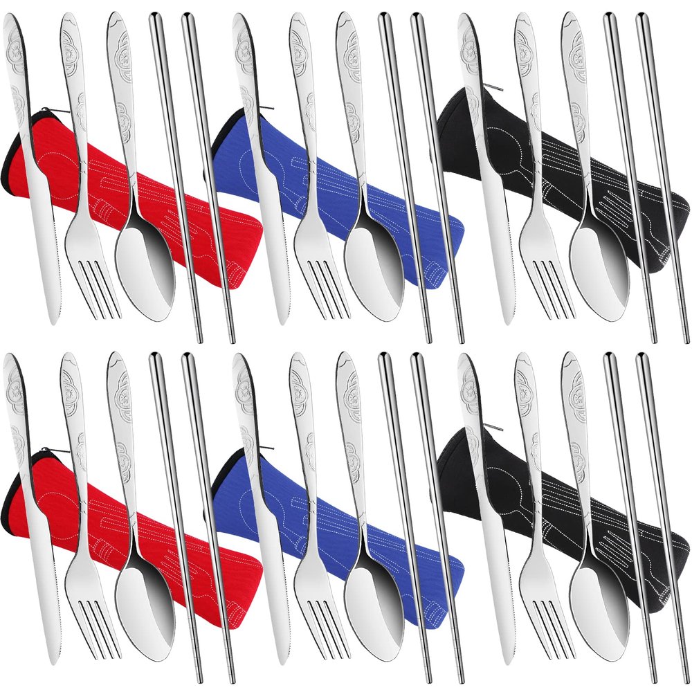 6 Pack Reusable Flatware Sets Spoon,Fork,Knife,Chopsticks,24Pcs Portable Silverware Camping Cutlery Set,Stainless Steel Tableware Travel Utensils with Carrying Case for Camping Picnic Working Hiking