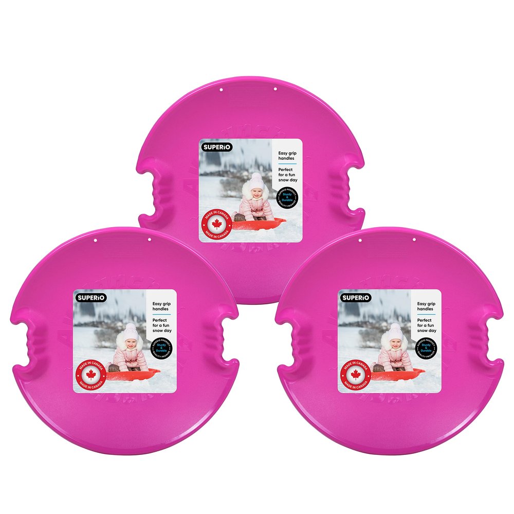 Superio Round Snow Saucer Sleds- 26 Plastic Disc Sleds for Kids and Adults- Heavy Duty Sled Discs with Handles for Downhill Sledding, Winter Outdoor Sports, (Fuchsia)
