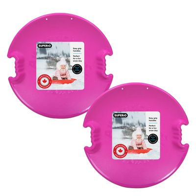 Superio Round Snow Saucer Sleds- 26 Plastic Disc Sleds for Kids and Adults- Heavy Duty Sled Discs with Handles for Downhill Sledding, Winter Outdoor Sports, (Fuchsia)